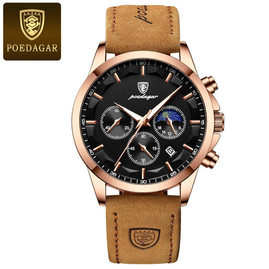 POEDAGAR Men Quartz Watch Luxury Sports Waterproof Chronograph Luminous Date Man Wristwatch Business Leather Men's Watches Clock - MANDOTOS