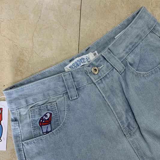 Polar Big Boy Embroidery Jeans Y2K Pants Streetwear Gothic Cartoon Blue Baggy Jeans Retro Punk Rock High Waist Denim Trousers - MANDOTOS