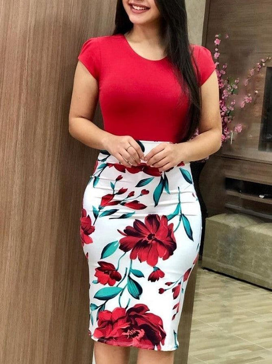 Printed Office Midi Pencil Dress Large Women Dress - MANDOTOS