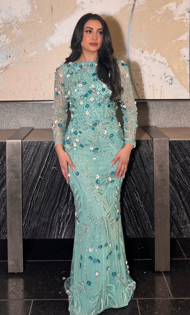 Raihana Long Sleeve High Neck Floral Sequin Embellished Modest Evening Dress - MANDOTOS INTERNATIONALLong Dress
