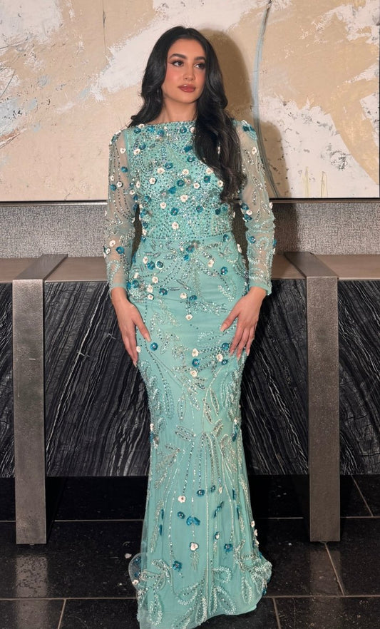 Raihana Long Sleeve High Neck Floral Sequin Embellished Modest Evening Dress - MANDOTOS INTERNATIONALLong Dress