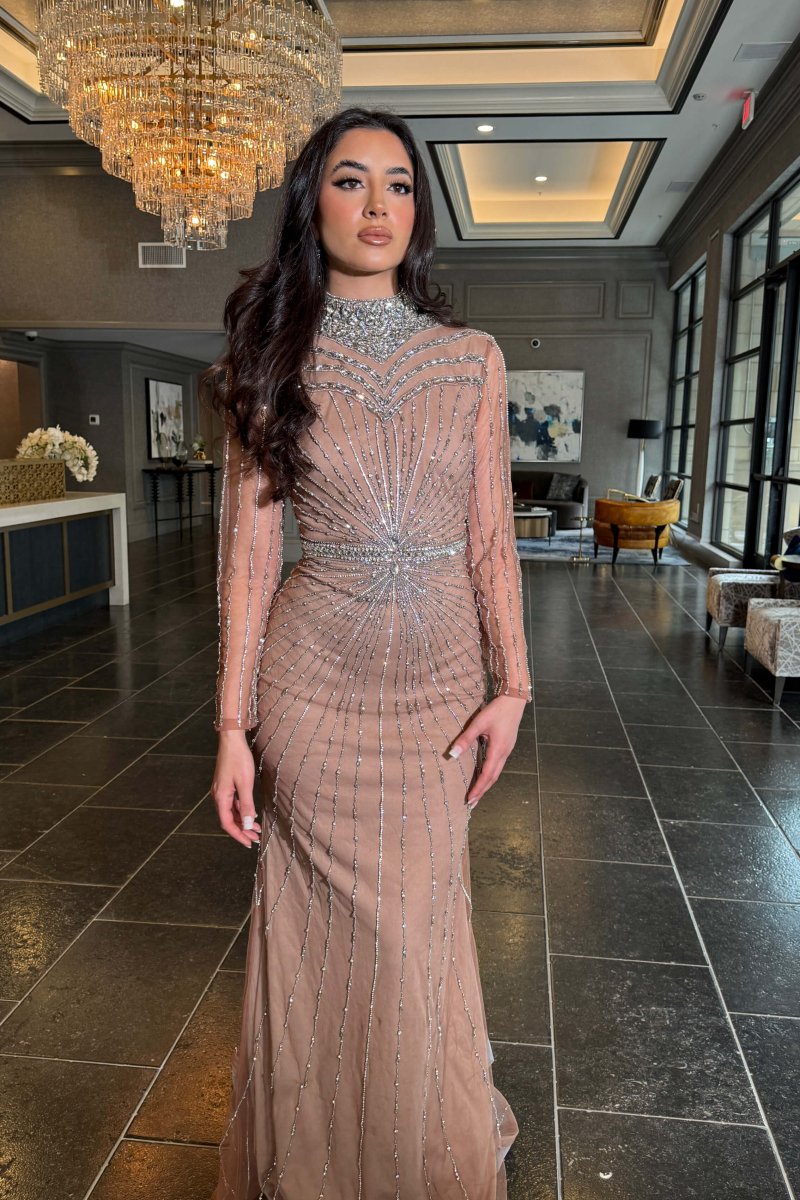 Rania Long Sleeve Beaded High Neck Dress - MANDOTOS INTERNATIONALLong Dresses