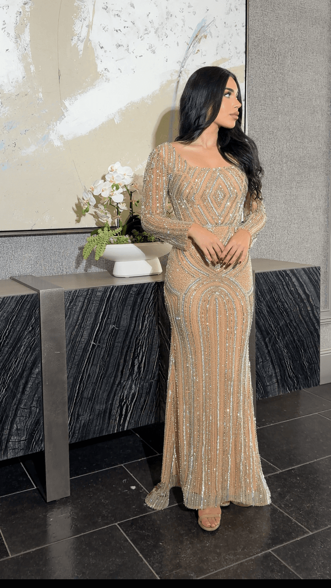 Reema Sequin Modest Square Neckline Long Sleeve Embellished Dress - MANDOTOS INTERNATIONALDresses