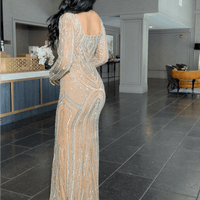 Reema Sequin Modest Square Neckline Long Sleeve Embellished Dress - MANDOTOS INTERNATIONALDresses