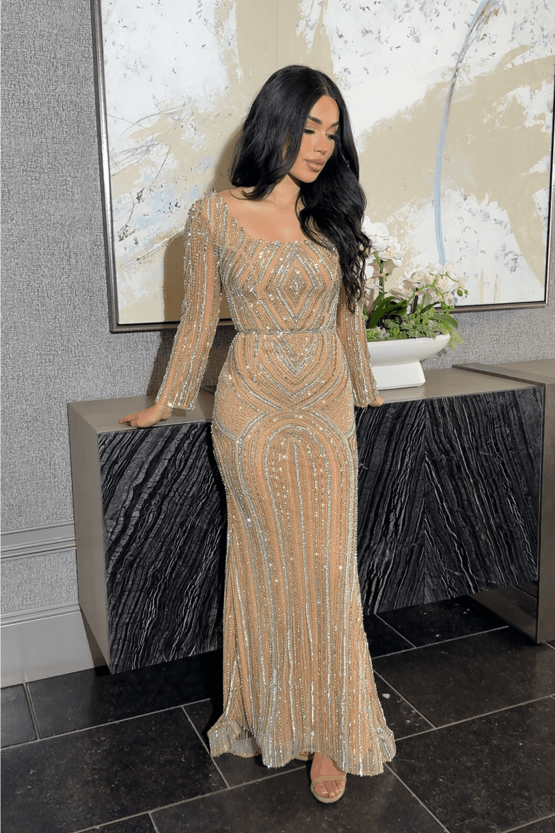 Reema Sequin Modest Square Neckline Long Sleeve Embellished Dress - MANDOTOS INTERNATIONALDresses