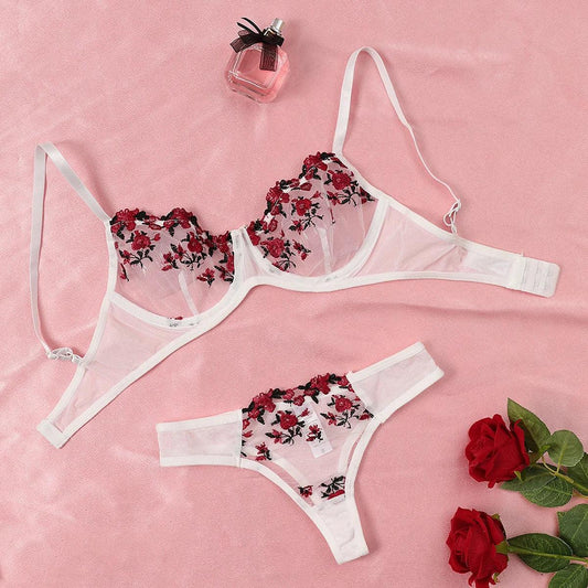 Round Up Night Beautiful Sexy Women 2 Piece Floral Embroidery Underwear Sexy Erotic Lingerie Underwear Lenceria Sexy Sets - MANDOTOS