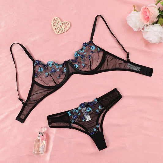 Round Up Night Beautiful Sexy Women 2 Piece Floral Embroidery Underwear Sexy Erotic Lingerie Underwear Lenceria Sexy Sets - MANDOTOS