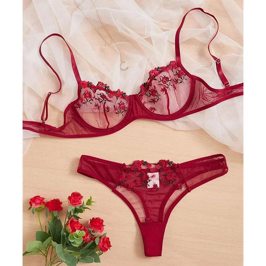 Round Up Night Beautiful Sexy Women 2 Piece Floral Embroidery Underwear Sexy Erotic Lingerie Underwear Lenceria Sexy Sets - MANDOTOS