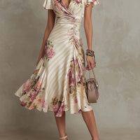 Ruffled Hem Maxi Dress – V-Neck Satin A-Line Color Block Dress - MANDOTOS INTERNATIONALDress