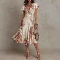 Ruffled Hem Maxi Dress – V-Neck Satin A-Line Color Block Dress - MANDOTOS INTERNATIONALDress