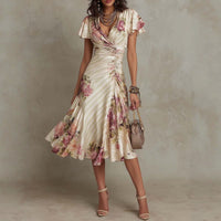 Ruffled Hem Maxi Dress – V-Neck Satin A-Line Color Block Dress - MANDOTOS INTERNATIONALDress