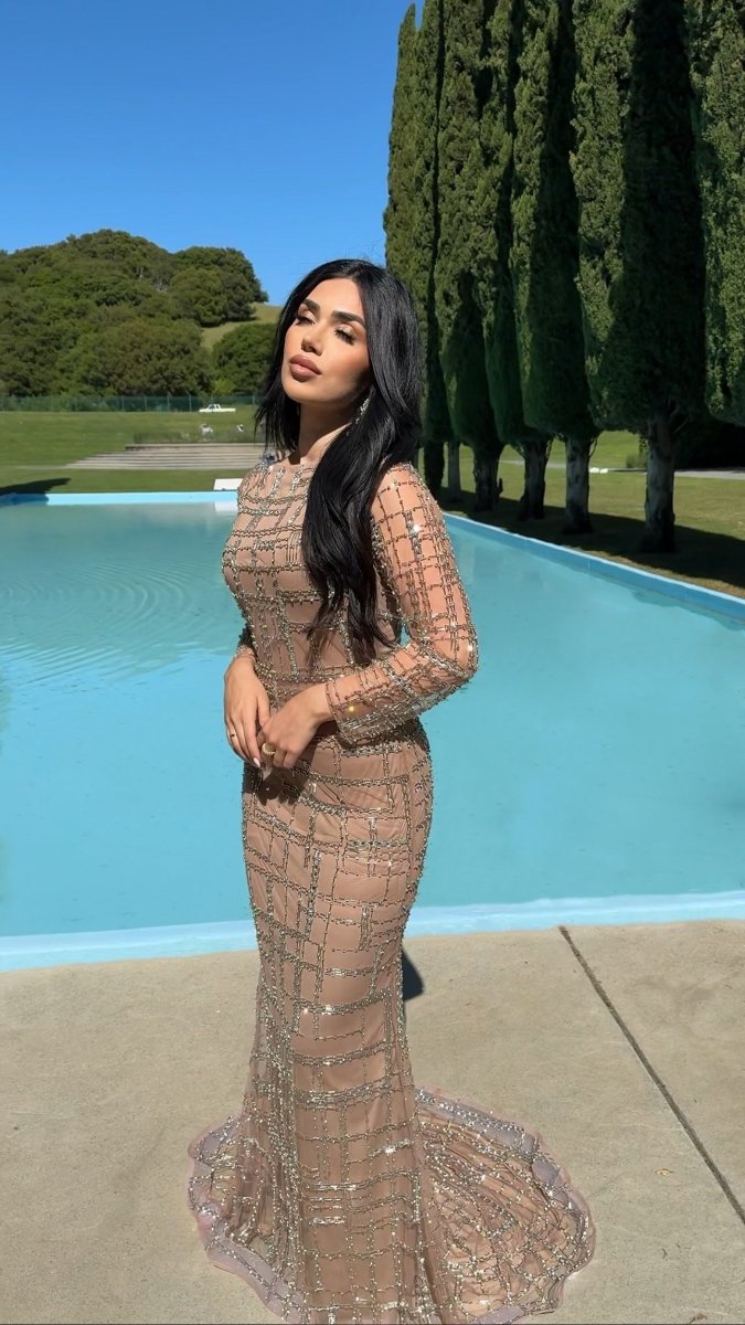 Sahara Embellished Silver Beaded Modest Long Sleeve Dresses - MANDOTOS INTERNATIONALLong Dresses