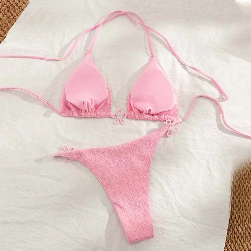 Same-day Shipping Custom Sexy Solid Flower Special Fabric Push up Wrinkle Triangle Two Piece Bikini Women Halter Belt Swimwear - MANDOTOS INTERNATIONAL