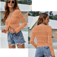 Sexy Women's Long Sleeve Hollow Cutout Knit Blouse V-Neck Drawstring Beach Sunscreen Short Pullover Thin Casual Sweater - MANDOTOS INTERNATIONAL