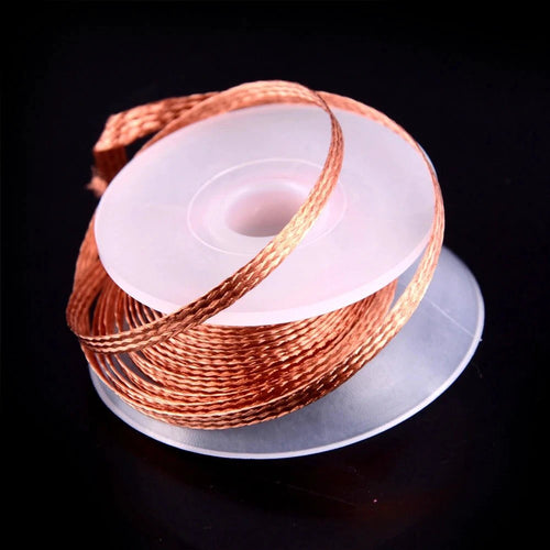 Copper solder wick desoldering braid, 1.5m length, for PCB repair, shown coiled with metal tips and handle for easy use.