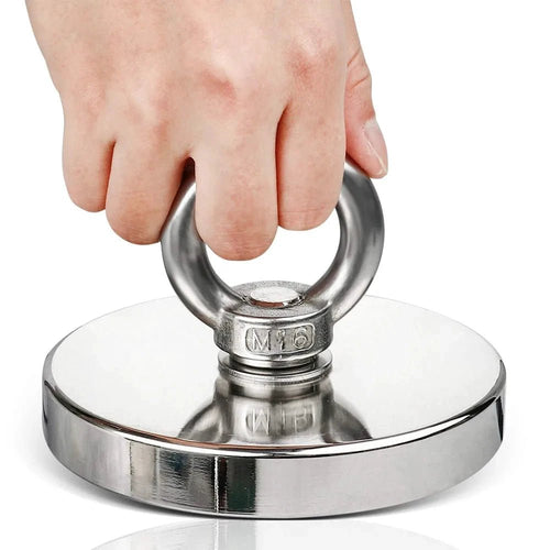 Super strong neodymium fishing magnet with eyebolt and countersunk hole, heavy-duty salvage magnetic fishing tool.