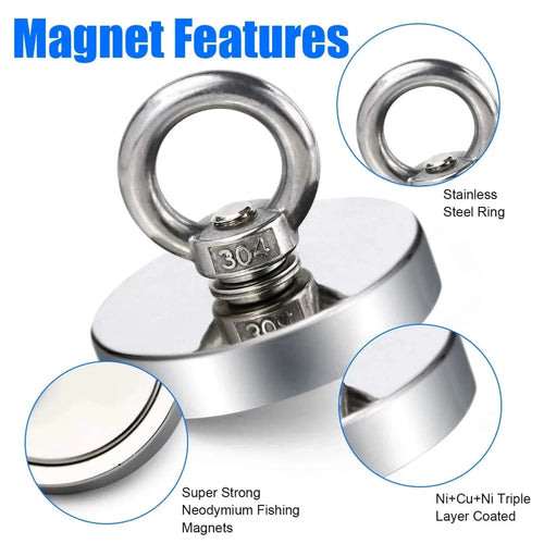 Heavy-duty super strong neodymium fishing magnet with countersunk hole and eyebolt for salvage and magnetic fishing.