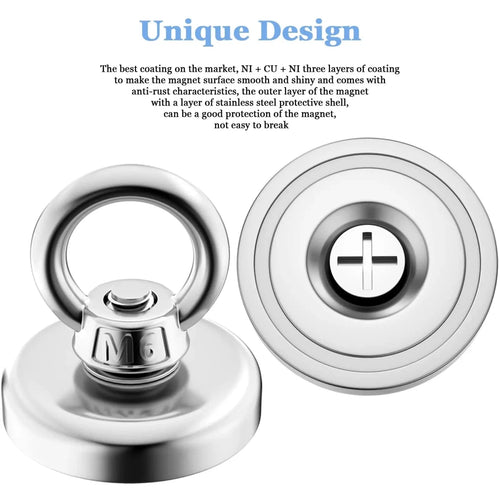 Heavy-duty super strong neodymium fishing magnet with countersunk hole and eyebolt, ideal for salvage and magnetic fishing.