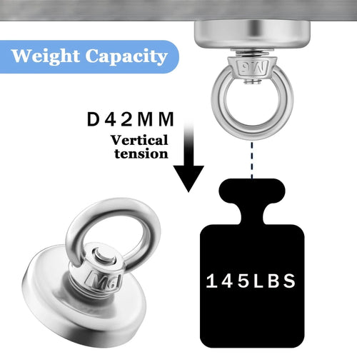 Super strong neodymium fishing magnet with countersunk hole and eyebolt for salvage and magnetic fishing applications.