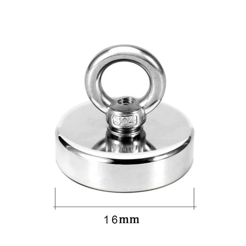Heavy-duty neodymium fishing magnet with countersunk hole and eyebolt for salvage and magnetic fishing applications.