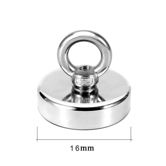 Heavy-duty neodymium fishing magnet with countersunk hole and eyebolt for salvage and magnetic fishing applications.