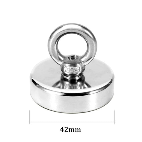 Heavy-duty neodymium fishing magnet with countersunk hole and eyebolt, designed for salvage and magnetic fishing.