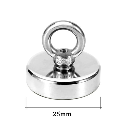 Super strong neodymium fishing magnet with countersunk hole and eyebolt for salvage and magnetic fishing applications.