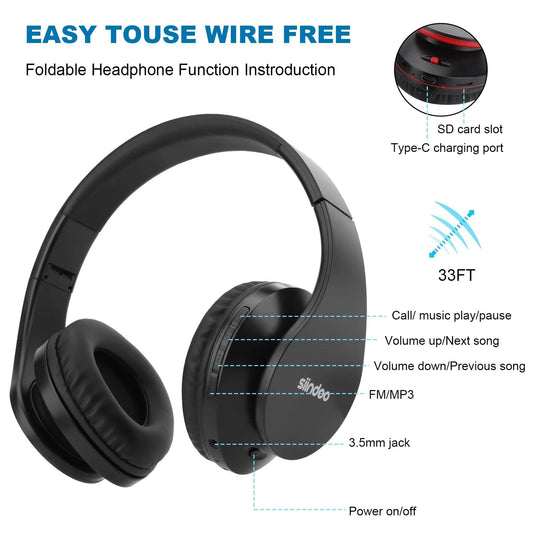 Siindoo JH-812 Black Bluetooth Headphone Foldable Stereo Music Earphones FM and Support SD Card with Mic for Mobile Samsung PC - MANDOTOS