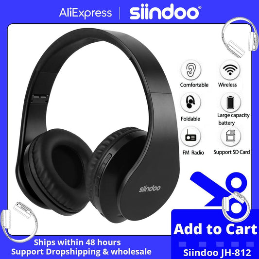 Siindoo JH-812 Black Bluetooth Headphone Foldable Stereo Music Earphones FM and Support SD Card with Mic for Mobile Samsung PC - MANDOTOS