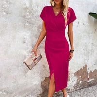 Split V-Neck Bodycon Dress – Slim Fit Short Sleeve Slit Dress - MANDOTOS INTERNATIONALDress