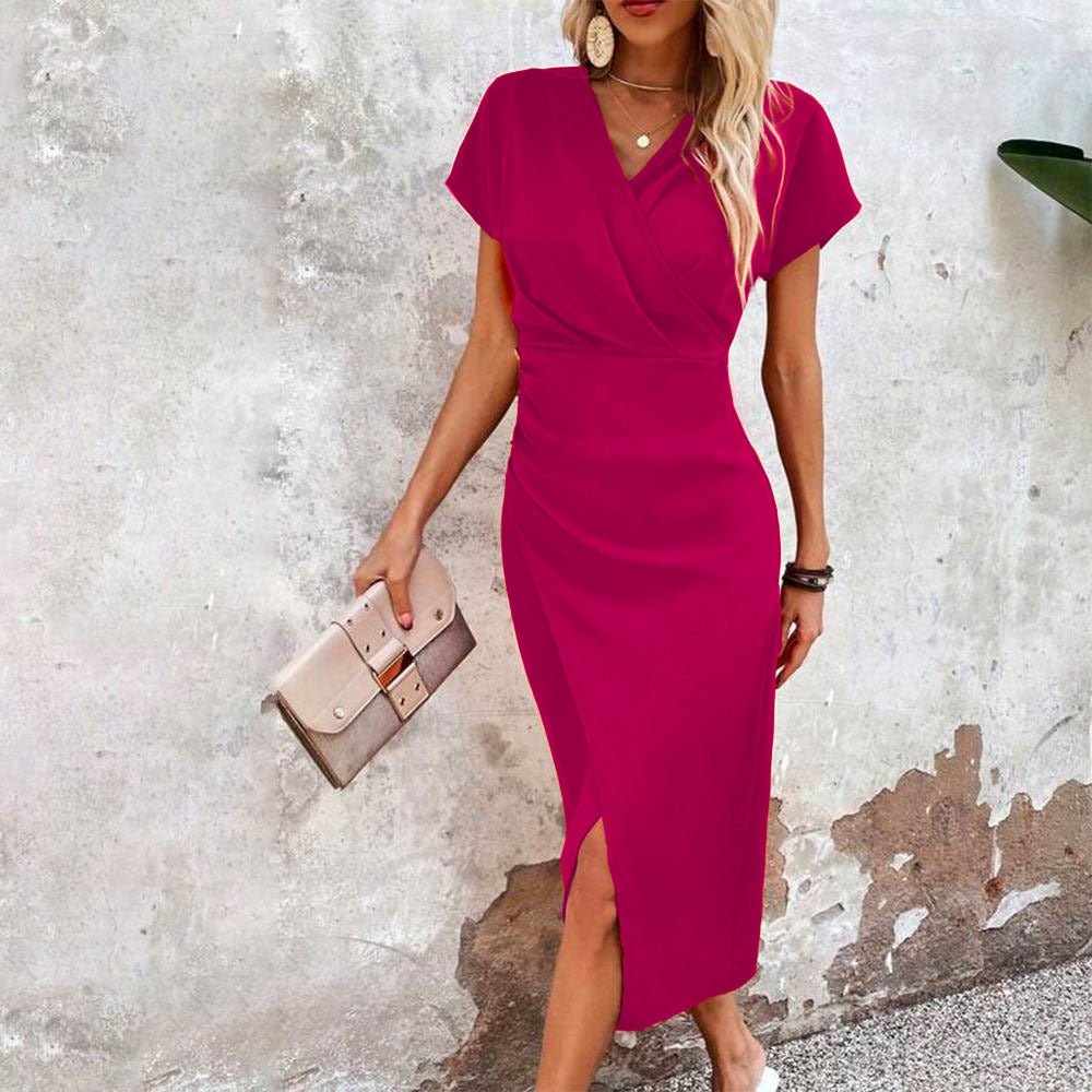 Split V-Neck Bodycon Dress – Slim Fit Short Sleeve Slit Dress - MANDOTOS INTERNATIONALDress