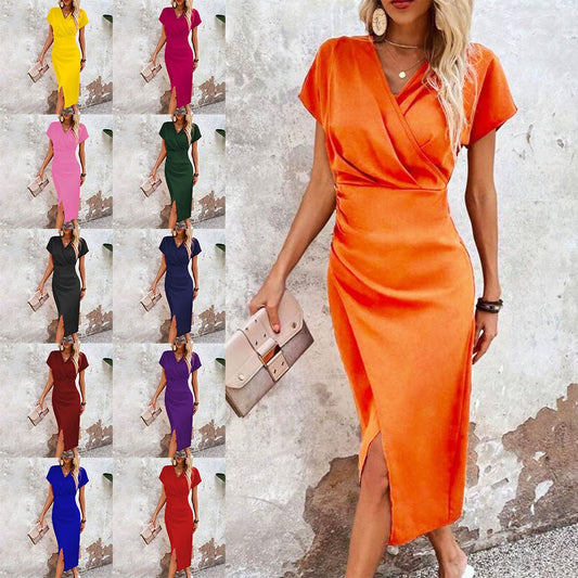 Split V-Neck Bodycon Dress – Slim Fit Short Sleeve Slit Dress - MANDOTOS INTERNATIONALDress