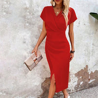 Split V-Neck Bodycon Dress – Slim Fit Short Sleeve Slit Dress - MANDOTOS INTERNATIONALDress