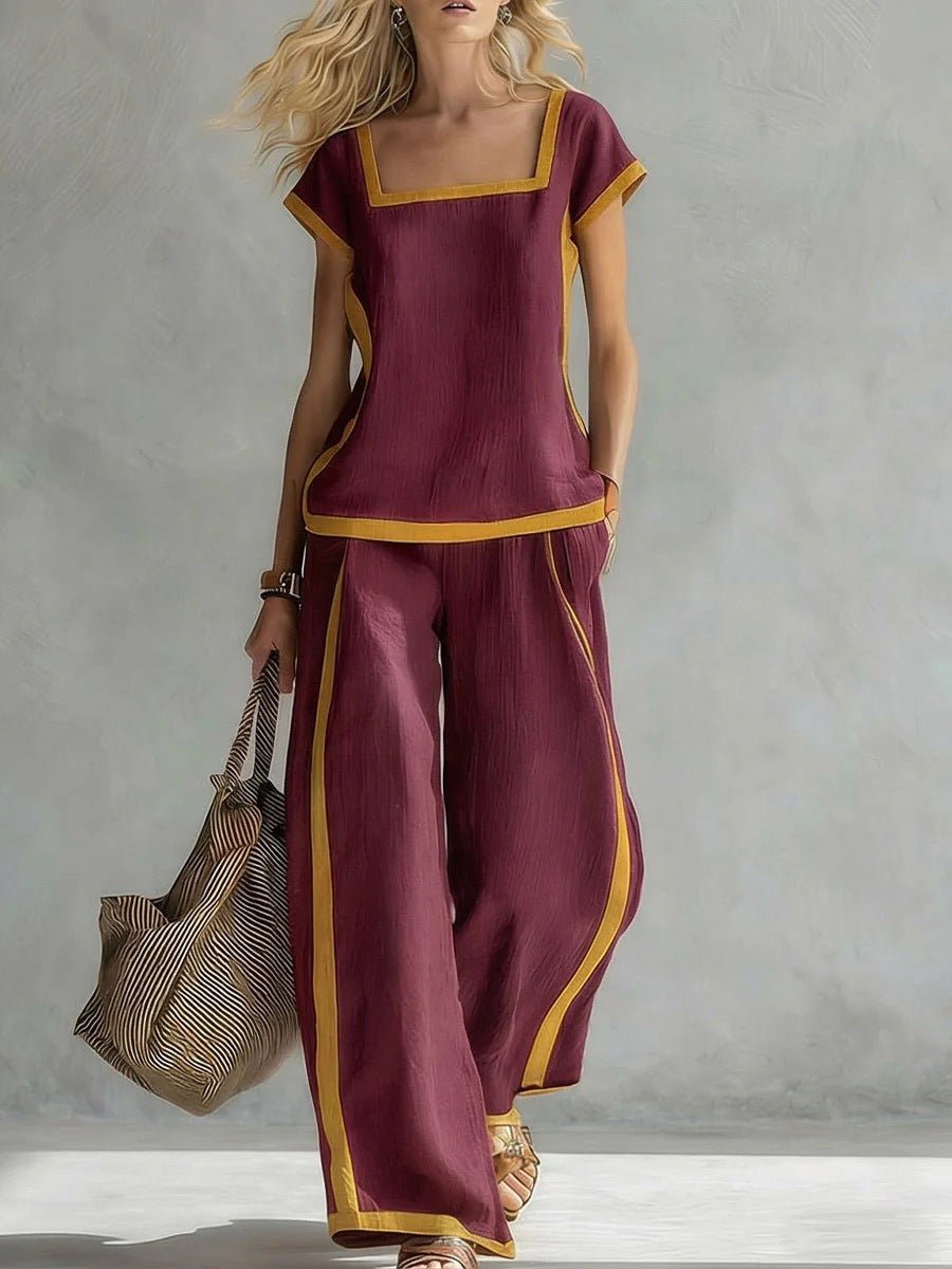 Square-Neck Three-Quarter Sleeve Loose Top & Pants Two-Piece Set - MANDOTOS INTERNATIONALTwo-Piece Set