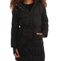Steve Madden Women's Elegant Long Puffer Coat with Hood - Black X-Large - MANDOTOS INTERNATIONAL