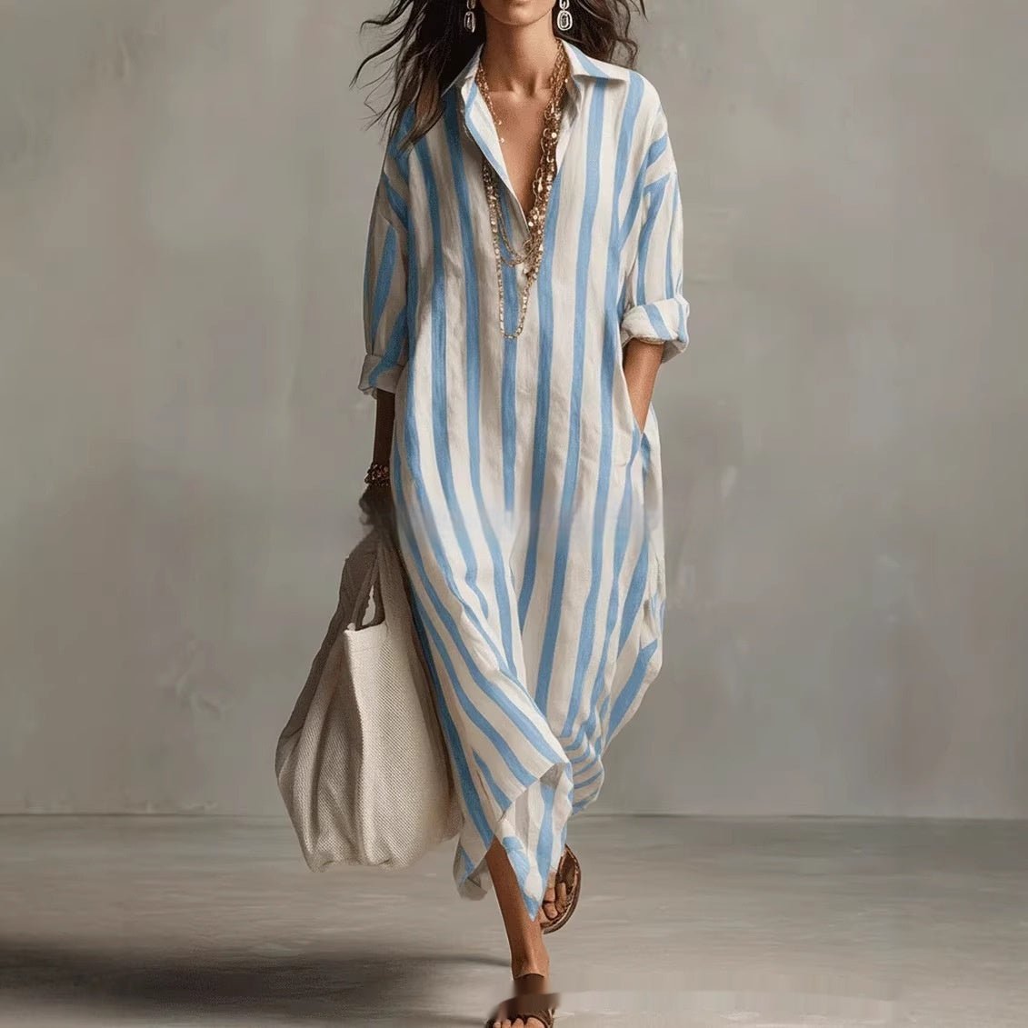 Striped Lapel Collar Dress – Side Slits & Pockets - MANDOTOS INTERNATIONALDresses
