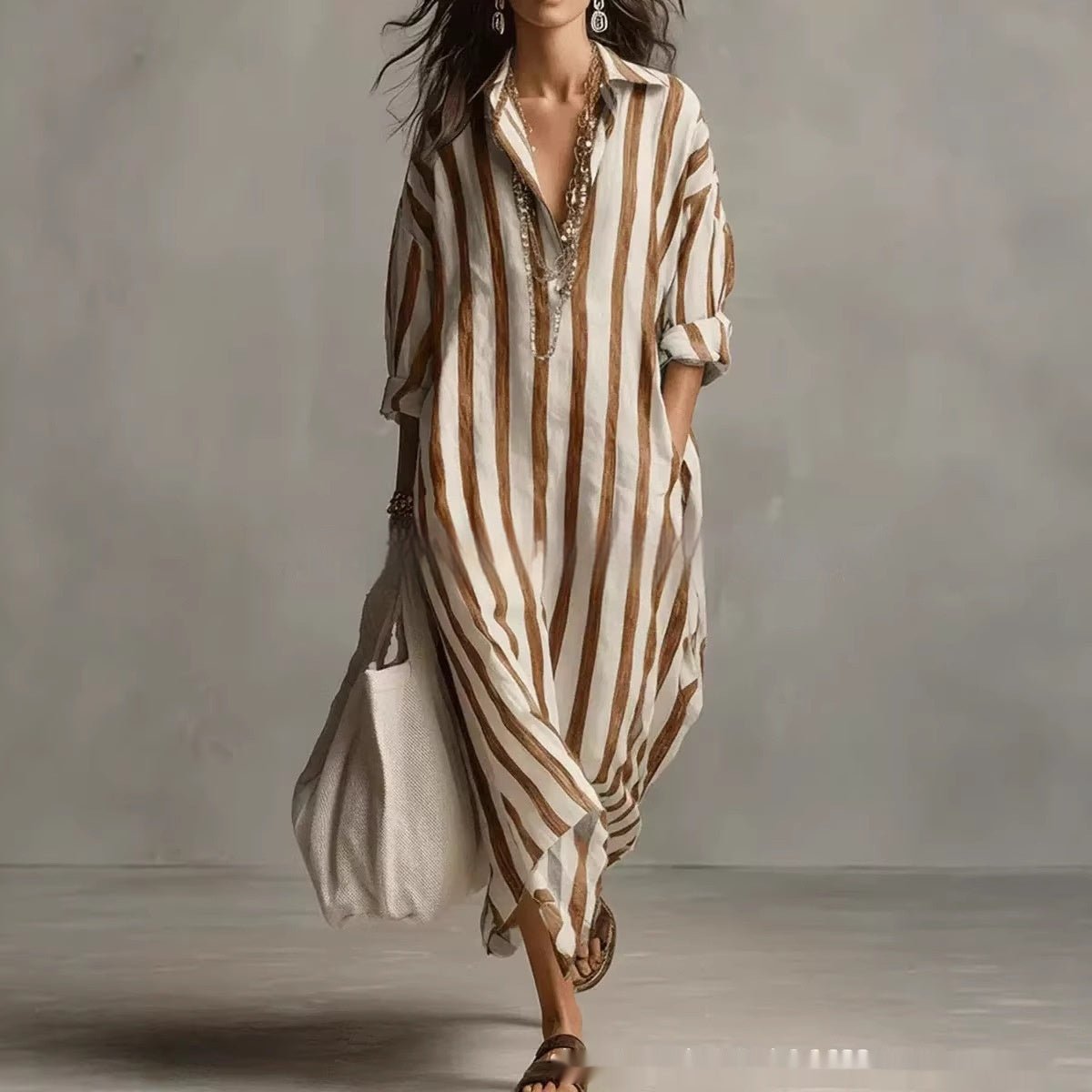 Striped Lapel Collar Dress – Side Slits & Pockets - MANDOTOS INTERNATIONALDresses