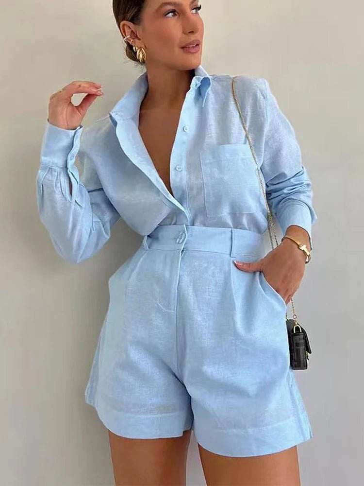 Summer Fashion Women's 2-Piece Button Short Pant Set with Shirt Tops - MANDOTOS INTERNATIONAL