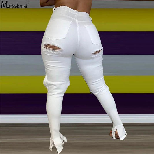 Summer Women Washed Ripped Jeans Fashion Sexy High Waist Skinny Denim Jeans Black Hollow Out Bleached Pencil Pants - MANDOTOS
