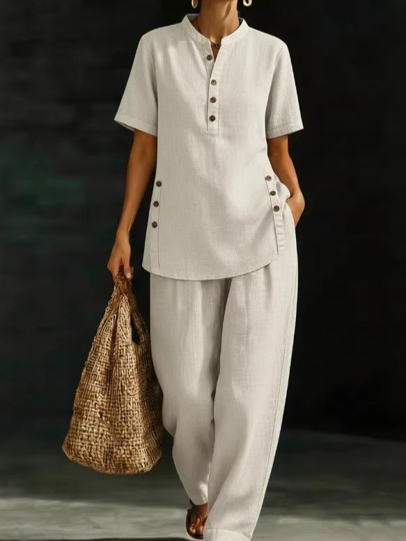 Three-Quarter Sleeve Shirt & Wide-Leg Pants Two-Piece Set – Solid Color Casual - MANDOTOS INTERNATIONALTwo-Piece Set