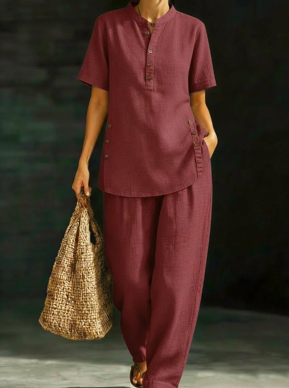 Three-Quarter Sleeve Shirt & Wide-Leg Pants Two-Piece Set – Solid Color Casual - MANDOTOS INTERNATIONALTwo-Piece Set
