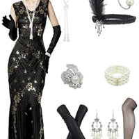 1920s Gatsby Sequin Gala Dress with Accessories - MANDOTOS INTERNATIONAL