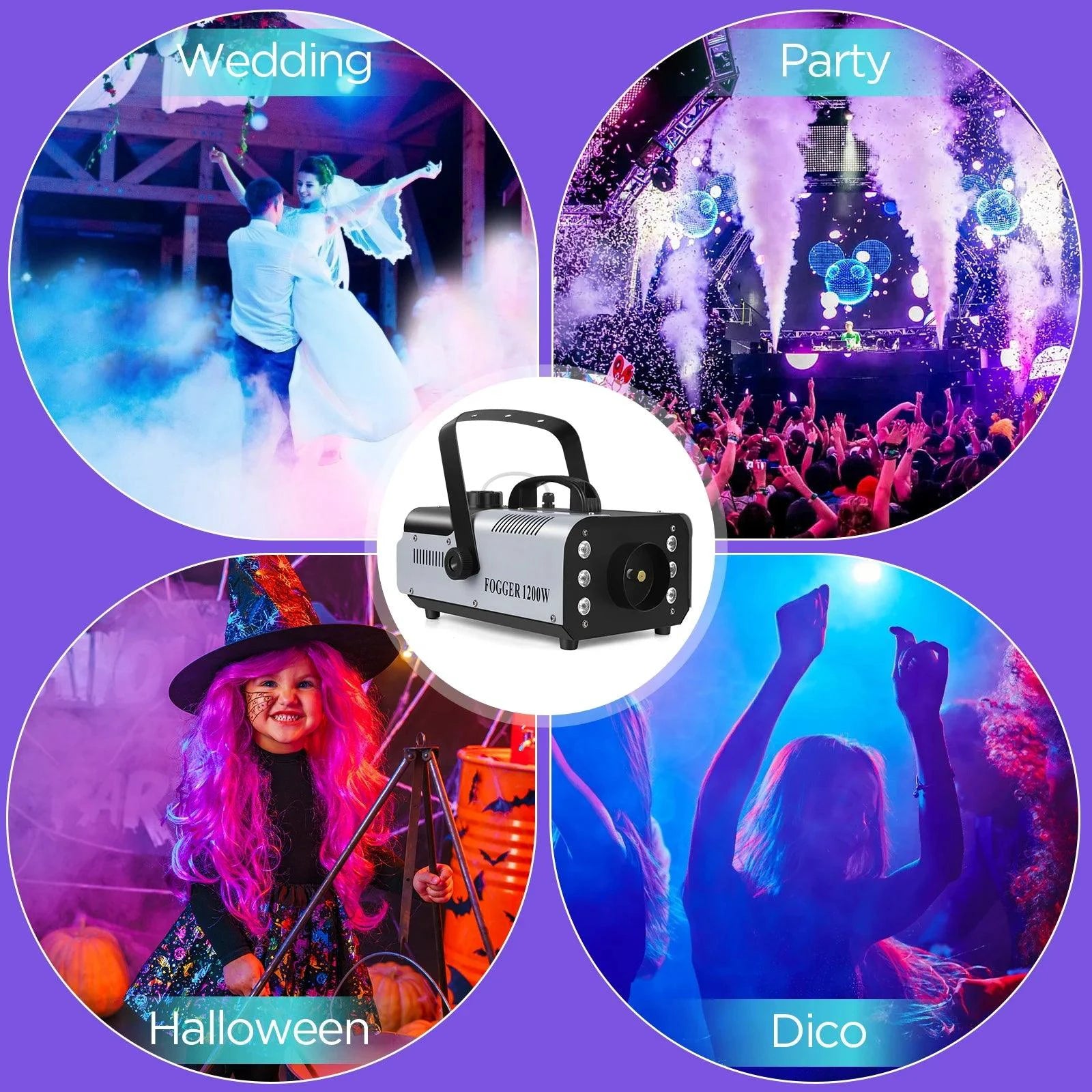U'King 1200W Fog Machine 6LEDs Remote Fogger Ejector Disco Colorful Smoke Machine DJ Christmas Party Effects Stage Light - MANDOTOS
