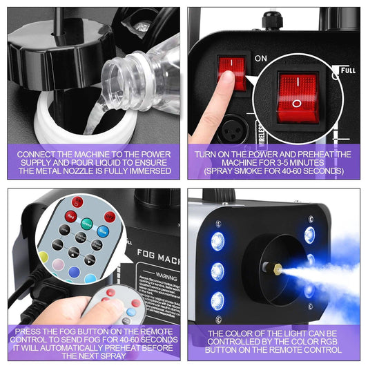 U'King 1200W Fog Machine 6LEDs Remote Fogger Ejector Disco Colorful Smoke Machine DJ Christmas Party Effects Stage Light - MANDOTOS