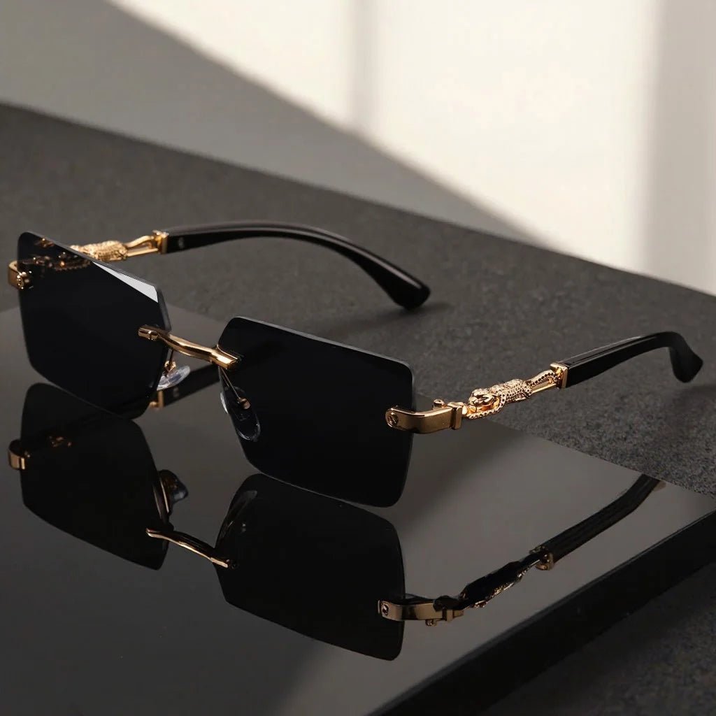 Unisex Luxury Frameless Black Golden Sunglasses with Leopard Print - UV400 Protection, Thin Rectangular Lenses, Elegant Design - MANDOTOS INTERNATIONAL