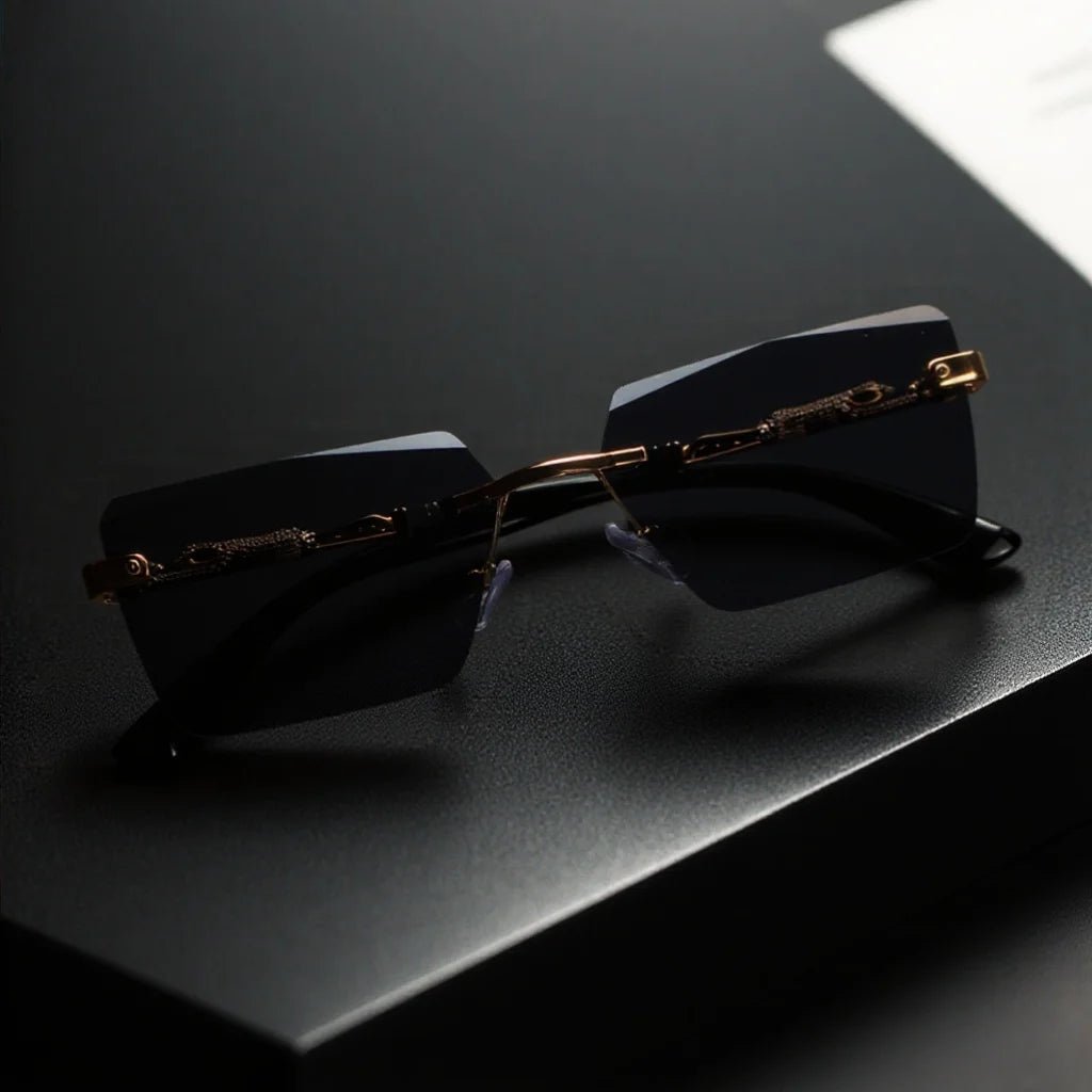 Unisex Luxury Frameless Black Golden Sunglasses with Leopard Print - UV400 Protection, Thin Rectangular Lenses, Elegant Design - MANDOTOS INTERNATIONAL