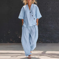 V-Neck Short Sleeve Top & High-Waist Trousers Two-Piece Set - MANDOTOS INTERNATIONALTwo-Piece Set