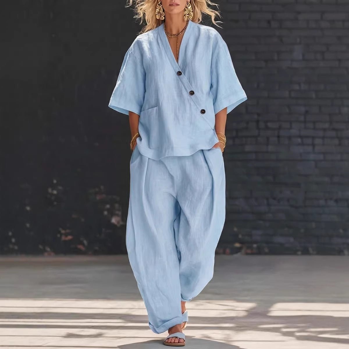 V-Neck Short Sleeve Top & High-Waist Trousers Two-Piece Set - MANDOTOS INTERNATIONALTwo-Piece Set