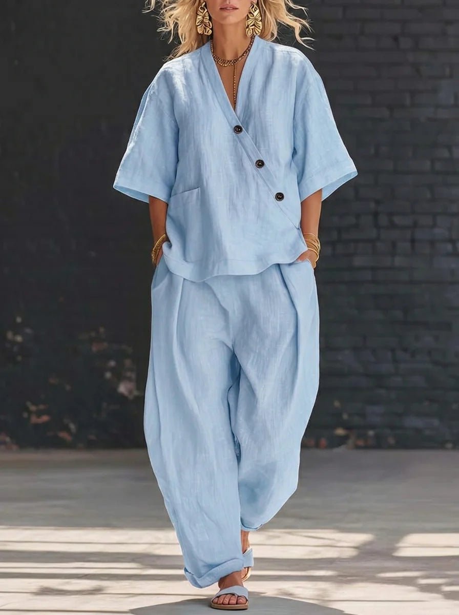 V-Neck Short Sleeve Top & High-Waist Trousers Two-Piece Set - MANDOTOS INTERNATIONALTwo-Piece Set