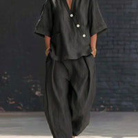 V-Neck Short Sleeve Top & High-Waist Trousers Two-Piece Set - MANDOTOS INTERNATIONALTwo-Piece Set